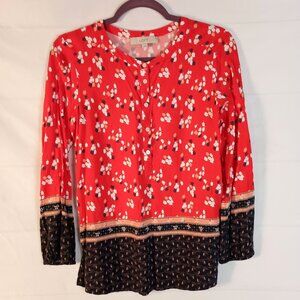 Ann Taylor Loft Floral Border Henley Blouse Red Blue Size S Top